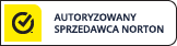 Odznaka dla firmy home.pl, poświadczająca oficjalne partnerstwo w sprzedaży oprogramowania Norton. Treść odznaki: "AUTORYZOWANY SPRZEDAWCA NORTON".