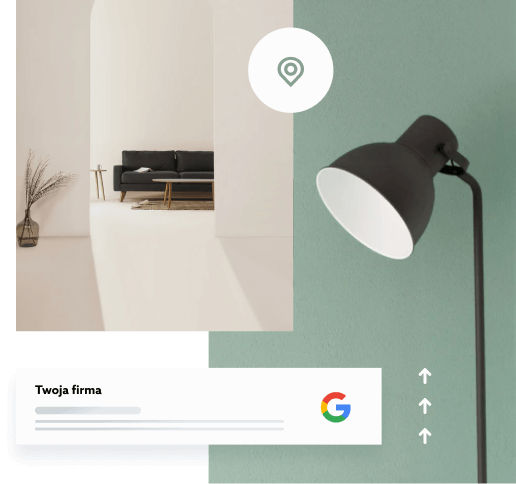 Lampa, stylowe wnętrze. Ikona Google z napisem "Twoja firma"