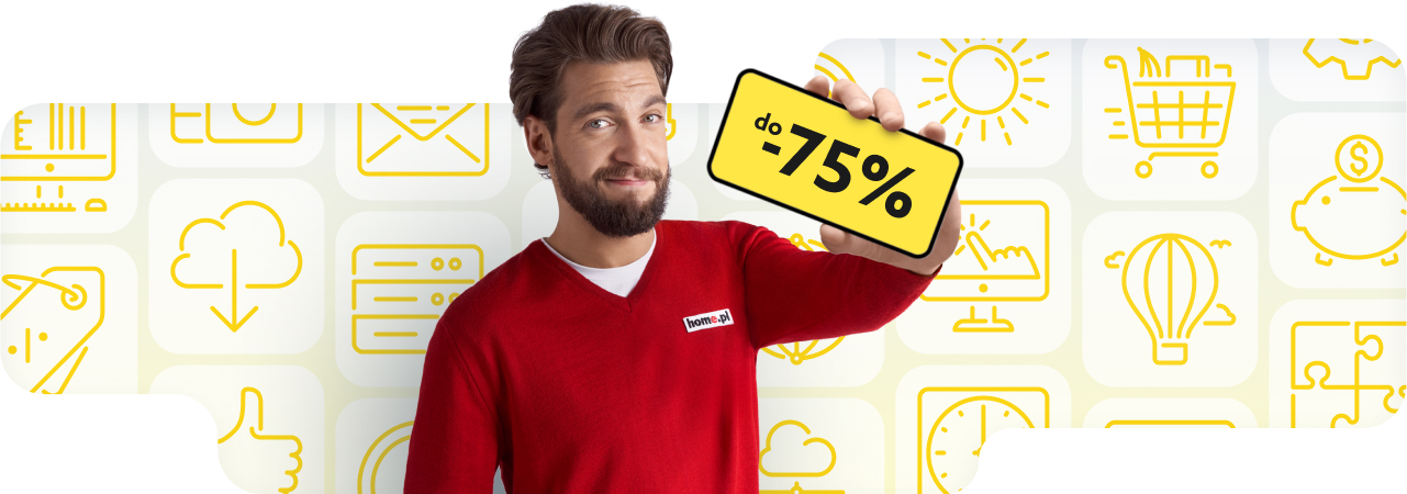 Mężczyzna w czerwonym swetrze prezentuje tabliczkę z napisem "do -75%". Letnia promocja home.pl